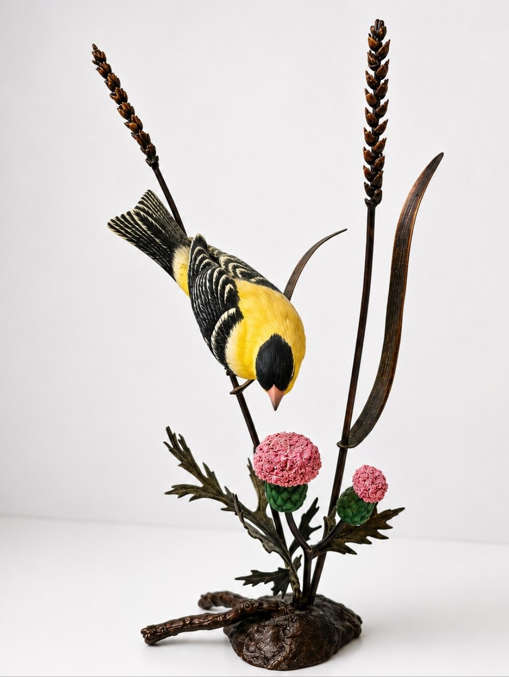 Rare Boehm Fine Porcelain and Bronze American Goldfinch Thistle Sculpture. 1980s